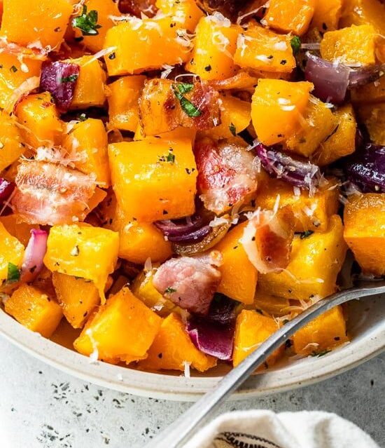 Roasted Butternut Squash With Onions, Bacon, and Parmesan Healthy